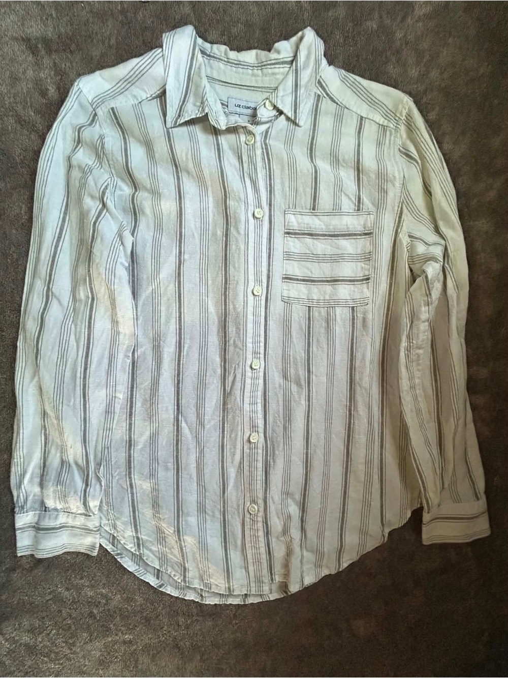 Liz Claiborne Linen/Cotton White Striped Button-Down Shirt Oversized Small - Picture 7 of 7